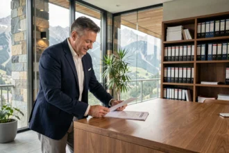 Homme en costume consultant des documents immobiliers dans un bureau de notaire moderne en Andorre avec vue sur les montagnes