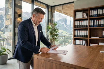 Homme en costume consultant des documents immobiliers dans un bureau de notaire moderne en Andorre avec vue sur les montagnes