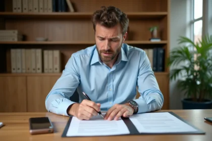 Acheteur immobilier examinant des documents de vente avec une expression préoccupée dans un bureau de notaire
