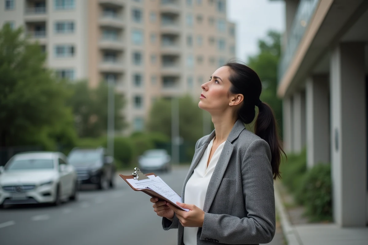 Femme acheteuse tenant un dossier devant un immeuble résidentiel avec une expression hésitante