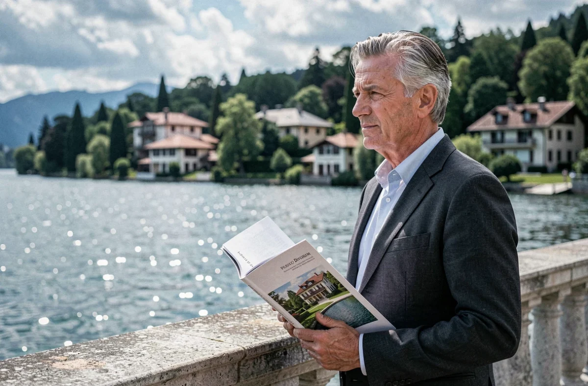 Agent Serge Bastien sur une terrasse avec vue sur le lac de Divonne-les-Bains et des villas de prestige