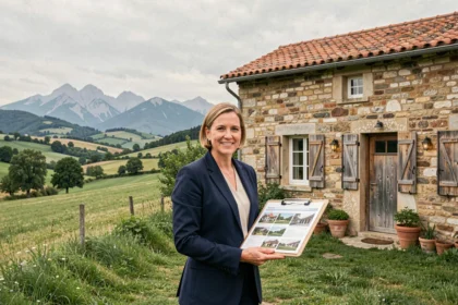 Agent immobilière professionnelle devant une maison en pierre typique de l'Ain avec vue sur les collines du Jura