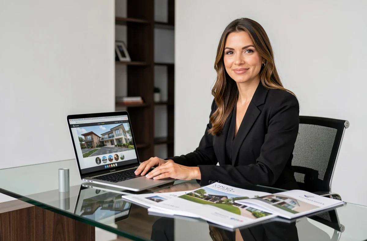 Agente d'Agences Privées travaillant sur des annonces immobilières premium dans un bureau contemporain épuré