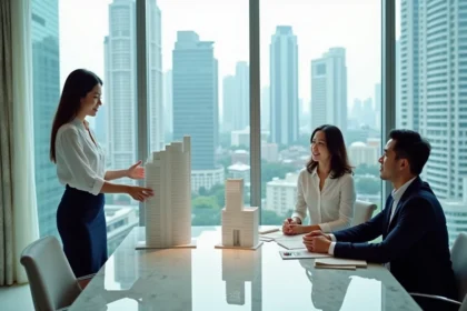 Agent immobilière thaïlandaise présentant une maquette de condominium en prévente à Bangkok à des acheteurs potentiels dans un bureau de vente moderne