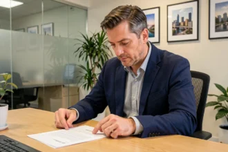 Agent immobilier examinant une clause de résiliation dans un contrat de location Visale posé sur un bureau en bois