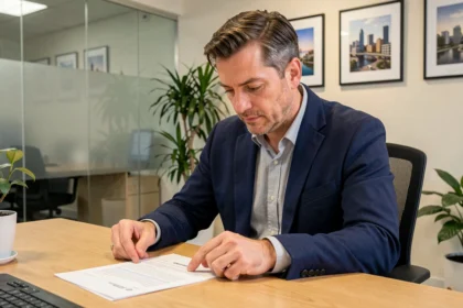 Agent immobilier examinant une clause de résiliation dans un contrat de location Visale posé sur un bureau en bois