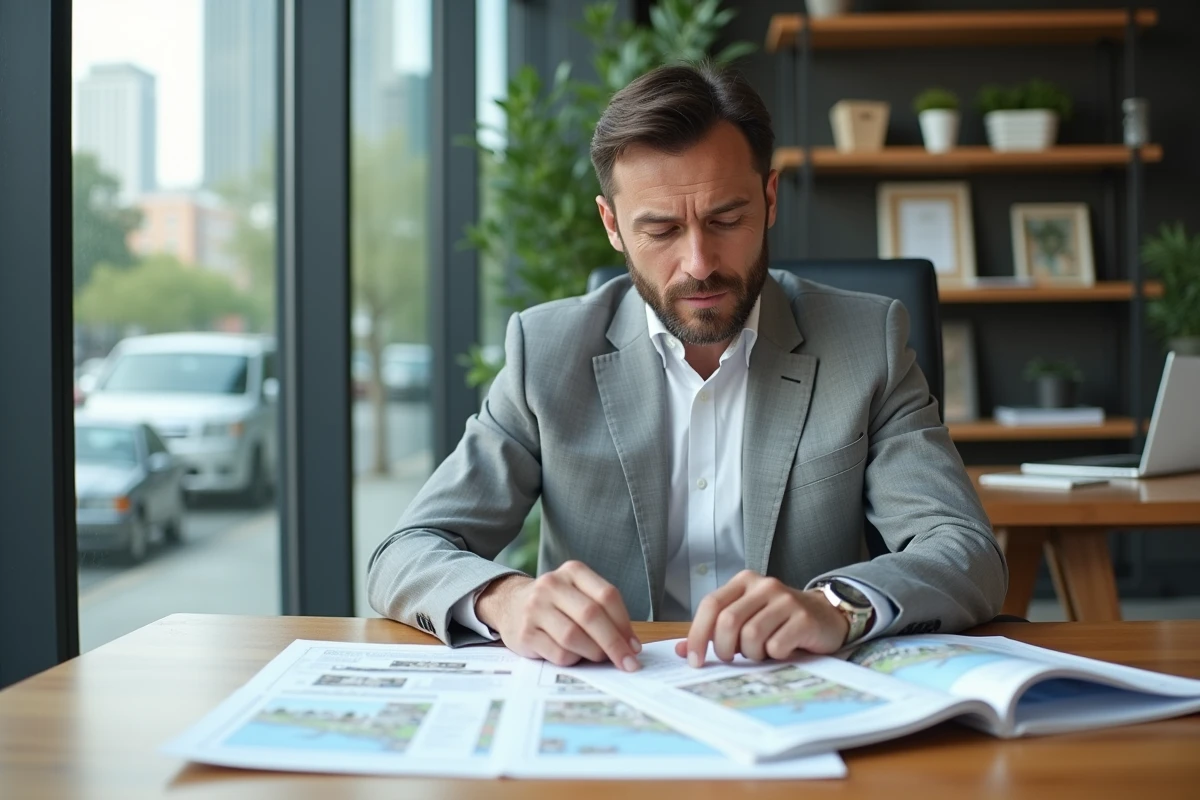 Agent immobilier consultant des documents de prospection immobilière sur un bureau dans une agence moderne