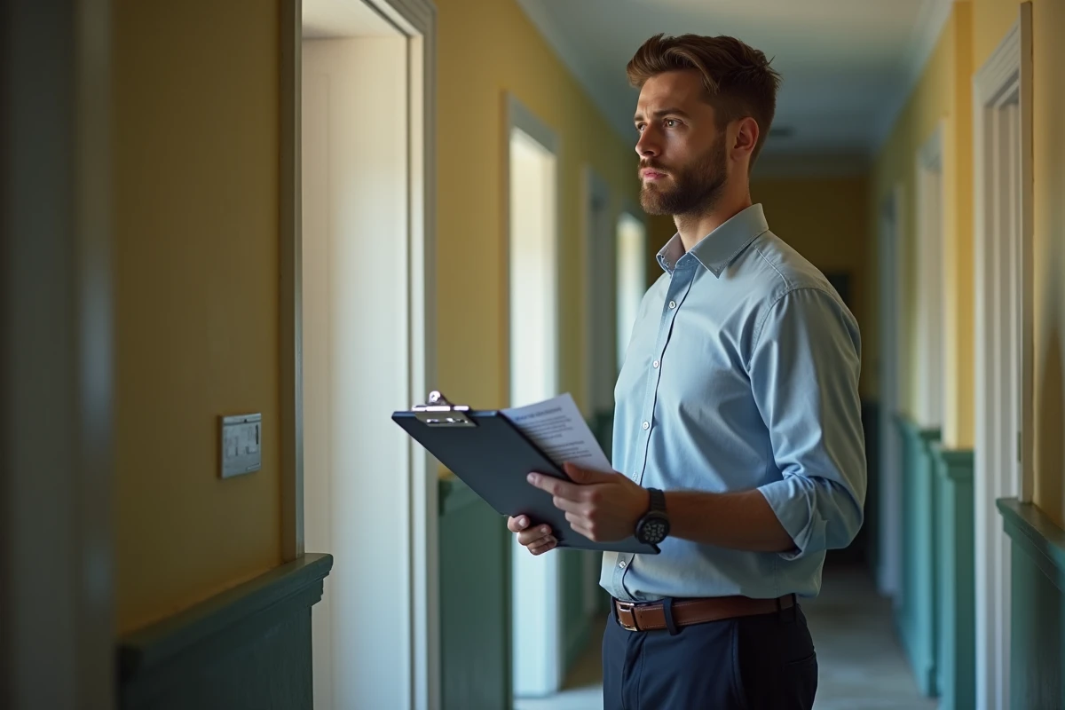 Jeune gestionnaire immobilier dans un couloir résidentiel