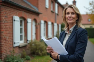 Agent immobilière devant une maison en brique à vendre à Beauvais avec annonce papier