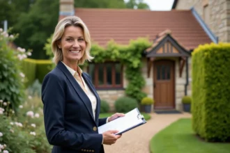 Agent immobilière devant une petite maison avec jardin à louer, tenant des documents de location