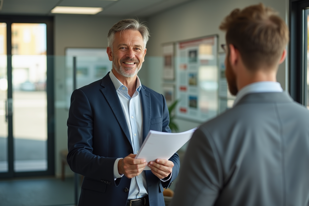 Agent immobilier remettant un dossier dans une agence immobiliere