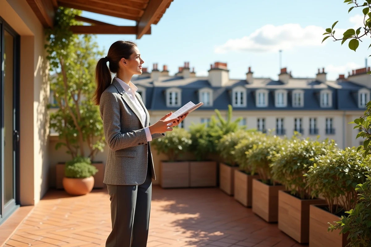 Agent immobilier présentant un appartement avec terrasse haut de gamme à Paris lors d'une visite en extérieur
