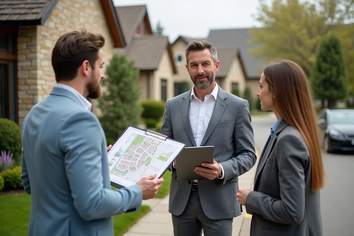 Agent immobilier montrant un plan de site à un couple dehors