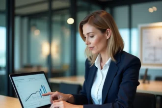 Agent immobilière professionnelle analysant une estimation immobilière précise sur un ordinateur portable dans un bureau moderne