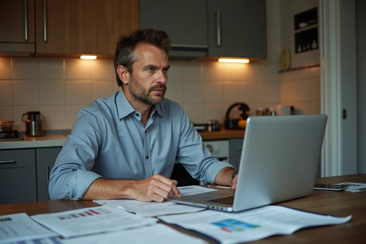 Propriétaire analysant les implications fiscales d'une revente de bien PTZ à son domicile, entouré de documents financiers et d'un ordinateur portable