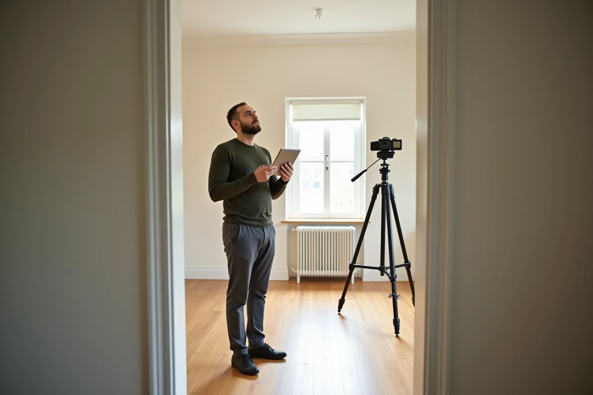 Photographe immobilier vérifiant les angles de prise de vue dans une chambre vide pour une visite virtuelle