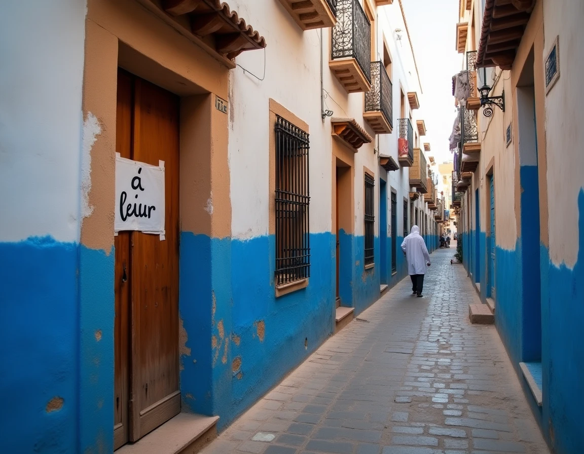 Façade d'immeuble en location dans la médina d'Essaouira avec panneau à louer sur une porte en bois bleue dans une ruelle pavée