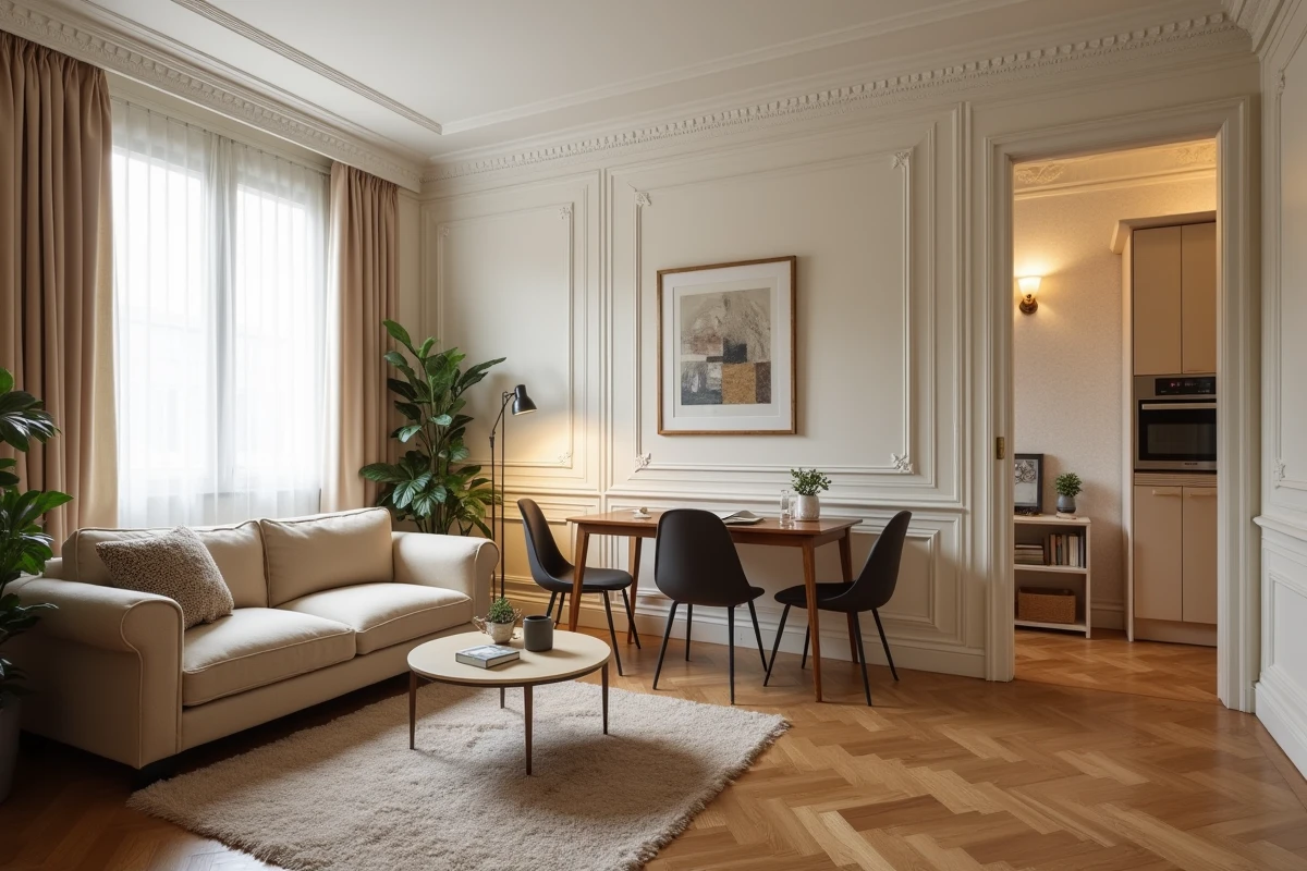 Appartement meublé prêt à la location avec salon équipé et parquet en bois