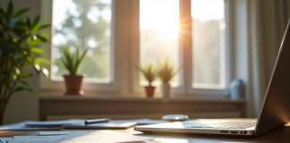 Intérieur d'un appartement moderne à Paris avec espace de travail et documents