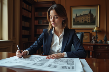 Femme architecte examine plans d un bâtiment historique