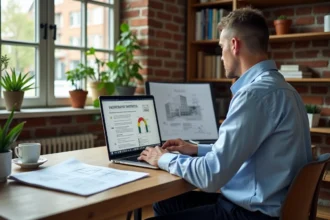 Architecte consultant un simulateur DPE sur ordinateur portable dans un bureau moderne avec documents énergétiques