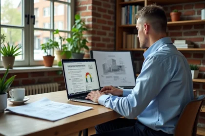 Architecte consultant un simulateur DPE sur ordinateur portable dans un bureau moderne avec documents énergétiques