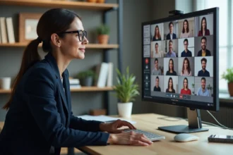 Femme professionnelle participant à une assemblée générale à distance depuis son bureau à domicile sur ordinateur