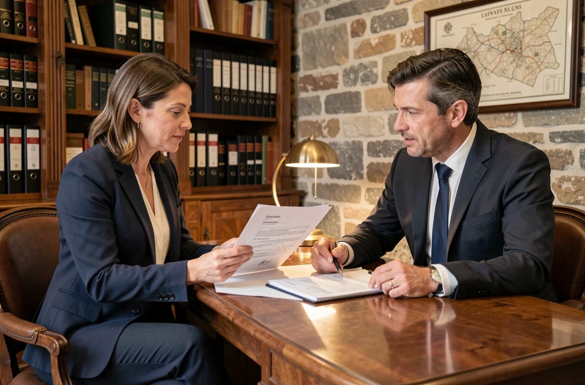 Conseillère immobilière et notaire discutant d'une assurance immobilière dans un bureau lyonnais en pierre