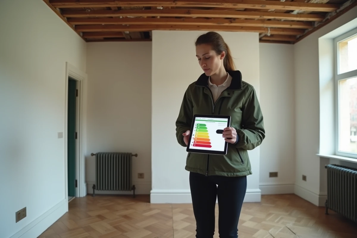Auditrice énergétique tenant une tablette avec rapport DPE dans un logement en cours de rénovation