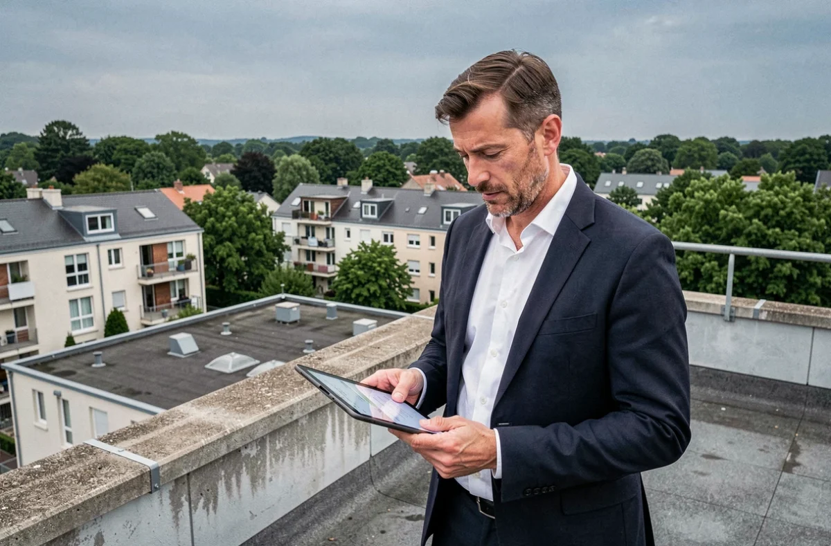 Gestionnaire AVJ Immobilier lors d'une visite technique en toiture de copropriété dans le Val-d'Oise