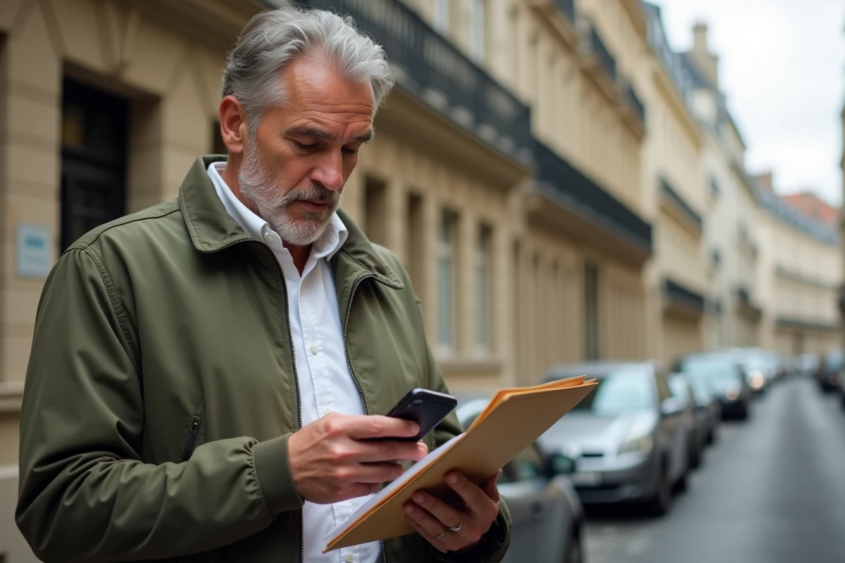 Bailleur consultant un comparateur d'assurance loyer impayé sur son téléphone devant un immeuble locatif parisien