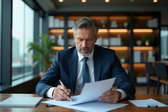 Manager bancaire en costume dans un bureau moderne