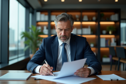 Manager bancaire en costume dans un bureau moderne