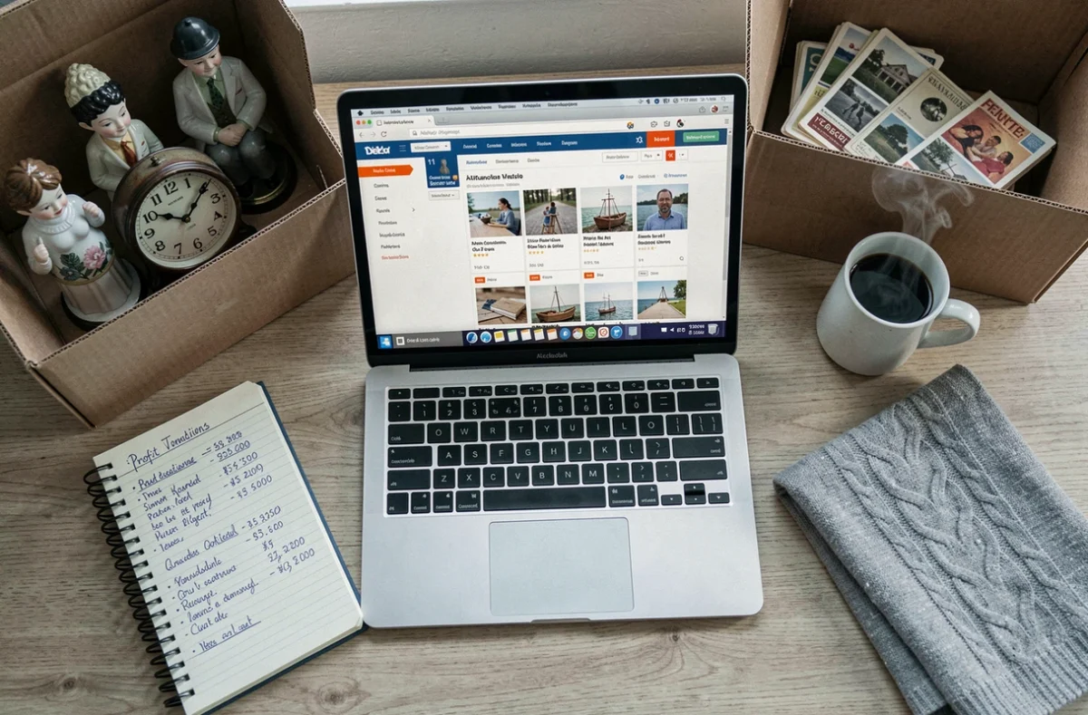 Bureau organisé avec objets issus de box abandonnées et plateforme de revente en ligne ouverte, illustrant un micro-business de vente aux enchères en France