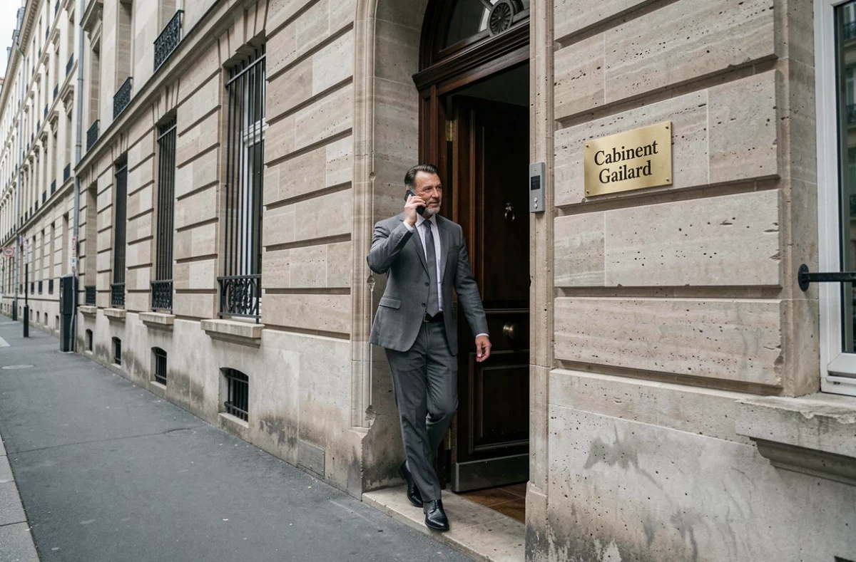 Entrée du Cabinet Gaillard, syndic de copropriété, avec un professionnel sortant de l'immeuble
