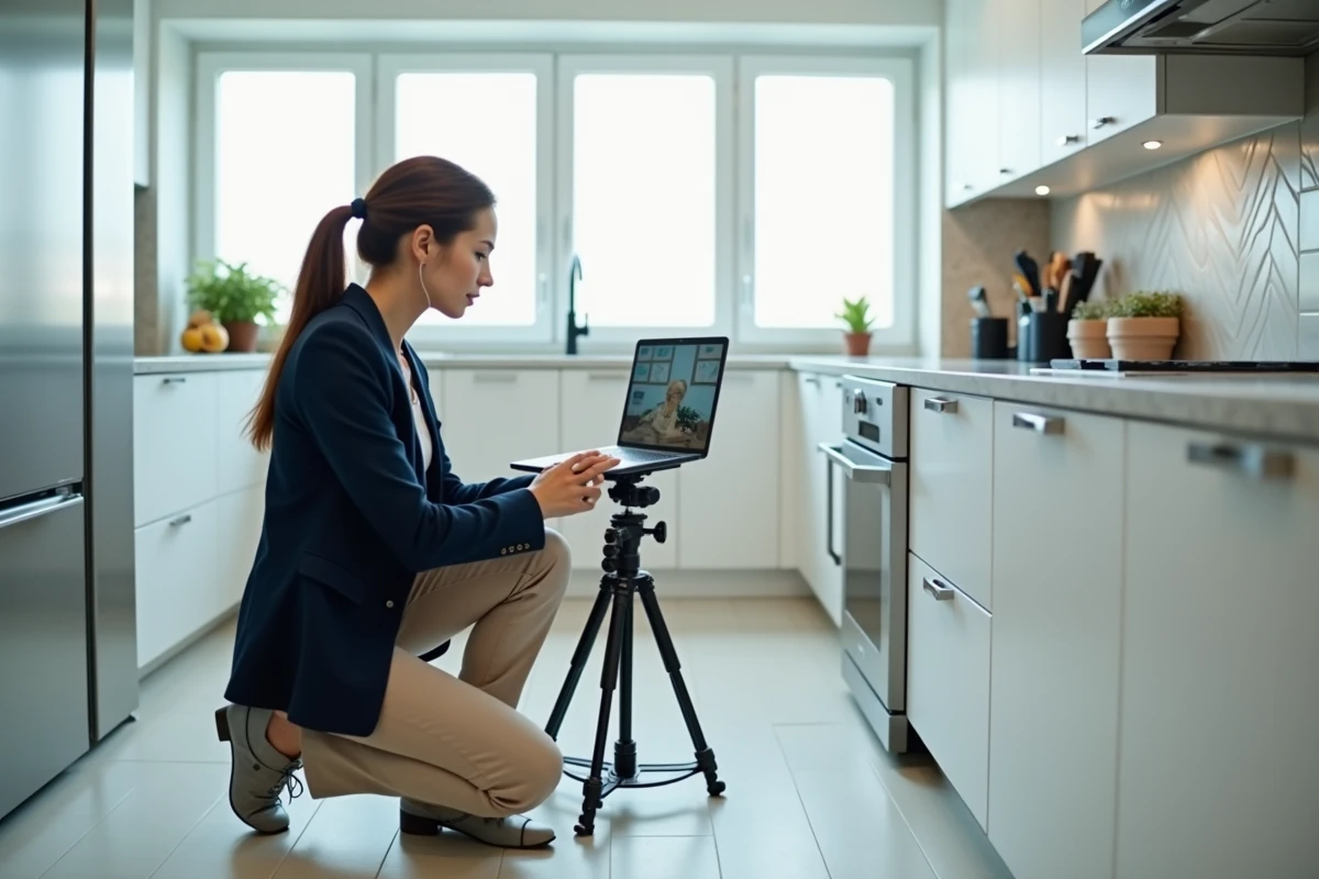 Femme utilisant une caméra 360 degrés dans une cuisine moderne pour créer une visite virtuelle immobilière