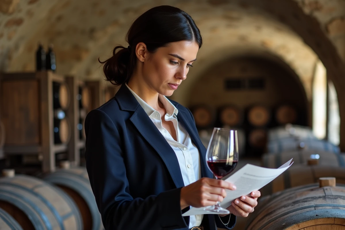 Femme analyste étudiant les documents d'un domaine viticole à vendre dans une cave à vin bordelaise