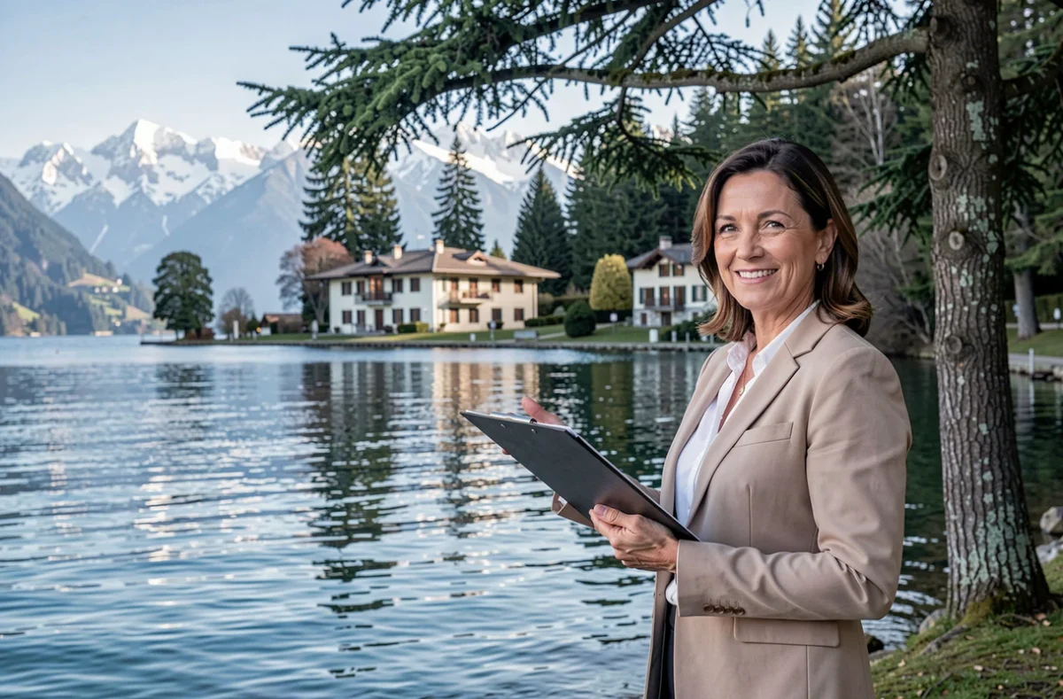 Agente immobilière Century 21 au bord du lac de Divonne-les-Bains avec une villa de prestige en arrière-plan