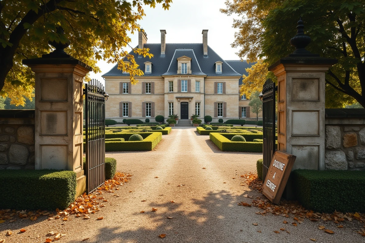 Château viticole bordelais en pierre dorée avec panneau à vendre dans un domaine à Bordeaux