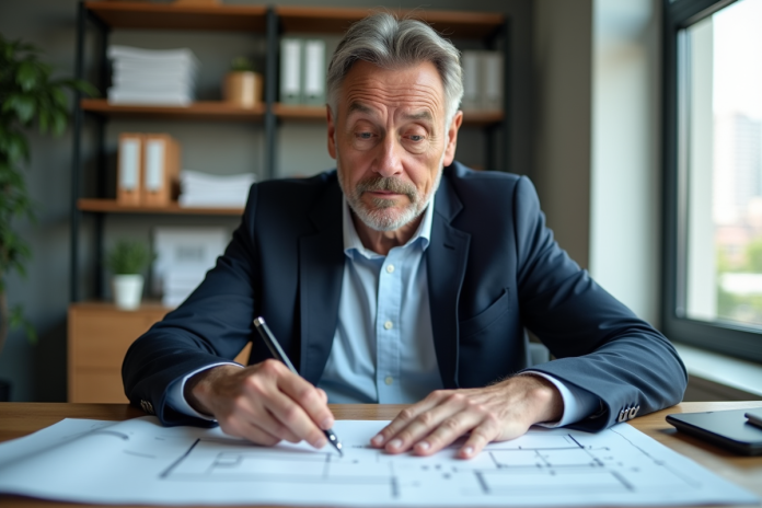 chef-construction-blueprints Manager de construction en réunion avec plans architecturaux