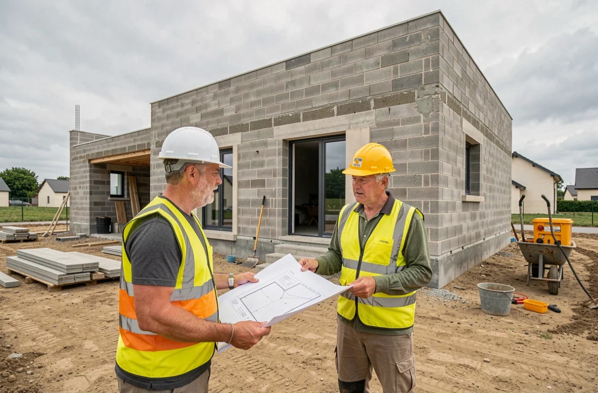 Chef de chantier examinant des plans avec un ouvrier sur un chantier de construction de maison individuelle Cimco en Auvergne