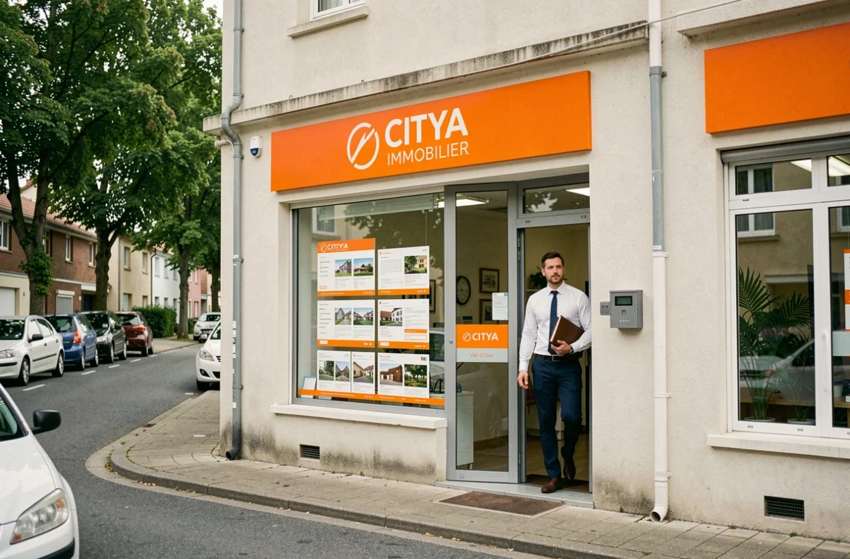 Façade de l'agence Citya Immobilier avec un agent en Val-d'Oise