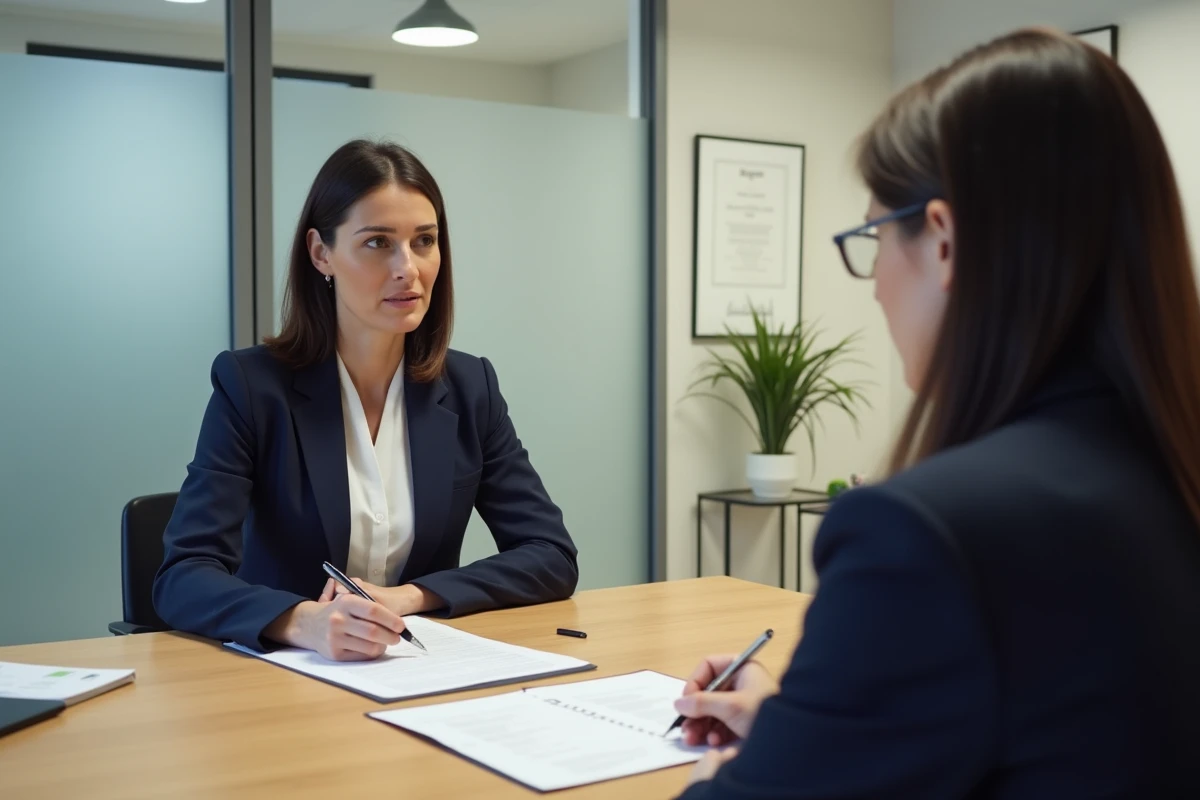 Cliente consultant un formulaire de notaire à Limoges avec un stylo pour cocher les cases correctement