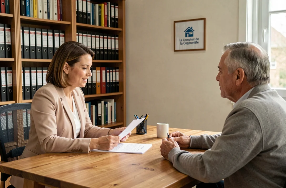 Conseillère du Comptoir de la Copropriété expliquant un contrat de syndic à des copropriétaires