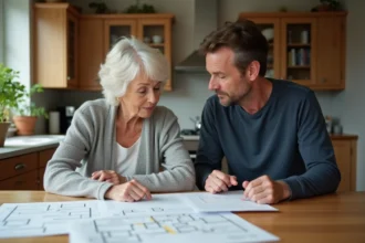 Conjointe survivante et fils adulte examinant des documents de succession et un plan de maison familiale à la table de la cuisine