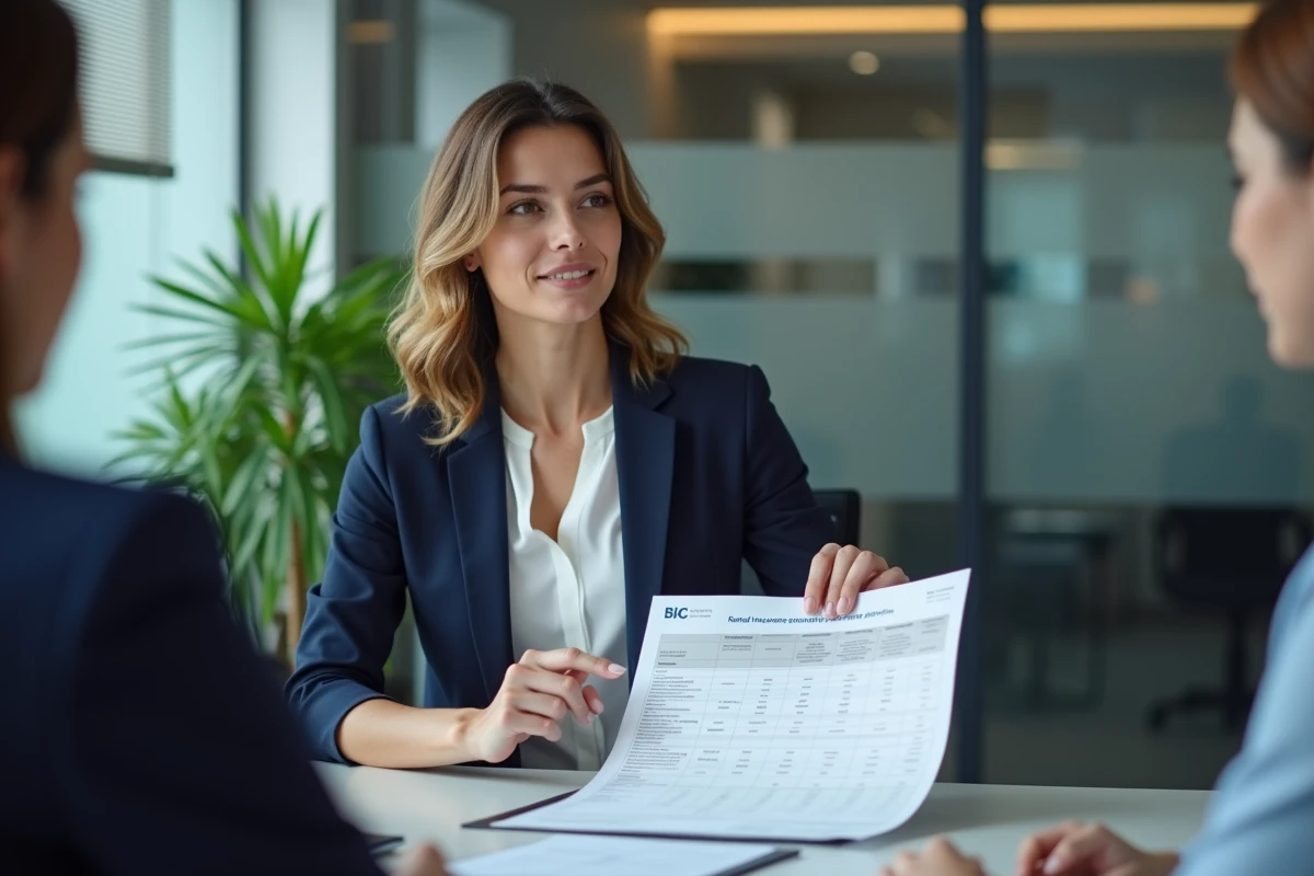 Conseillère immobilière présentant un comparatif de garanties loyer impayé à un propriétaire bailleur