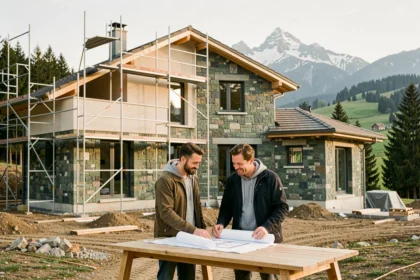 Couple examinant des plans devant une maison individuelle en construction en Auvergne-Rhône-Alpes avec les Alpes en arrière-plan