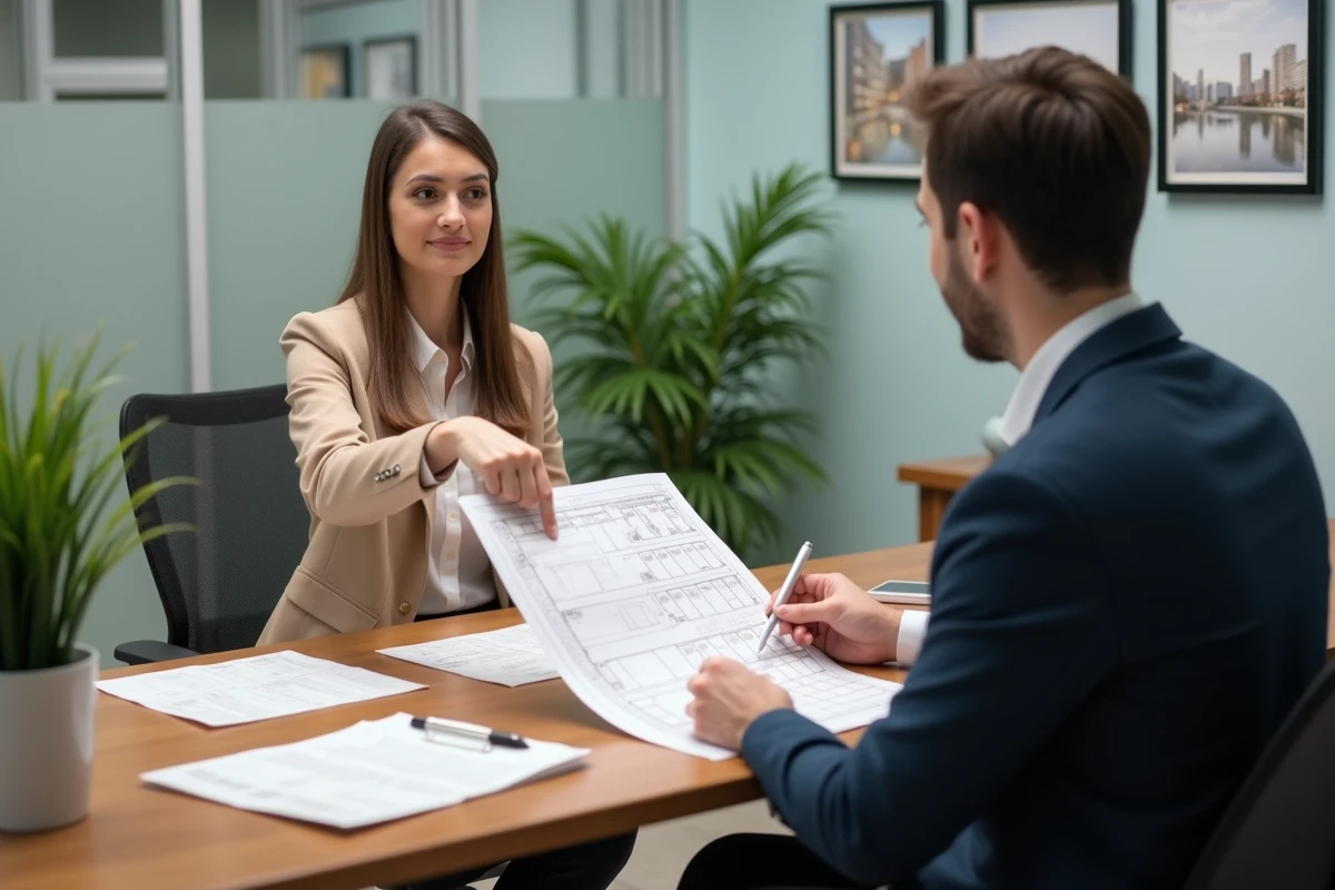 Femme primo-accédante en consultation avec un agent immobilier autour de plans d'appartement T3