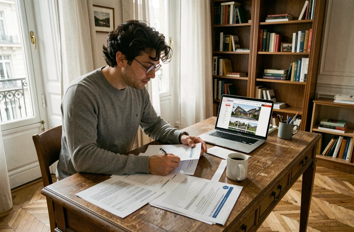 Homme consultant des contrats de location de maison pour tournage dans un appartement parisien de style haussmannien