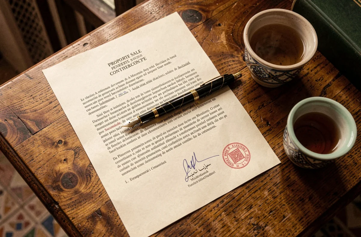 Contrat de vente immobilière marocain avec stylo et tampon officiel sur une table en bois à Marrakech